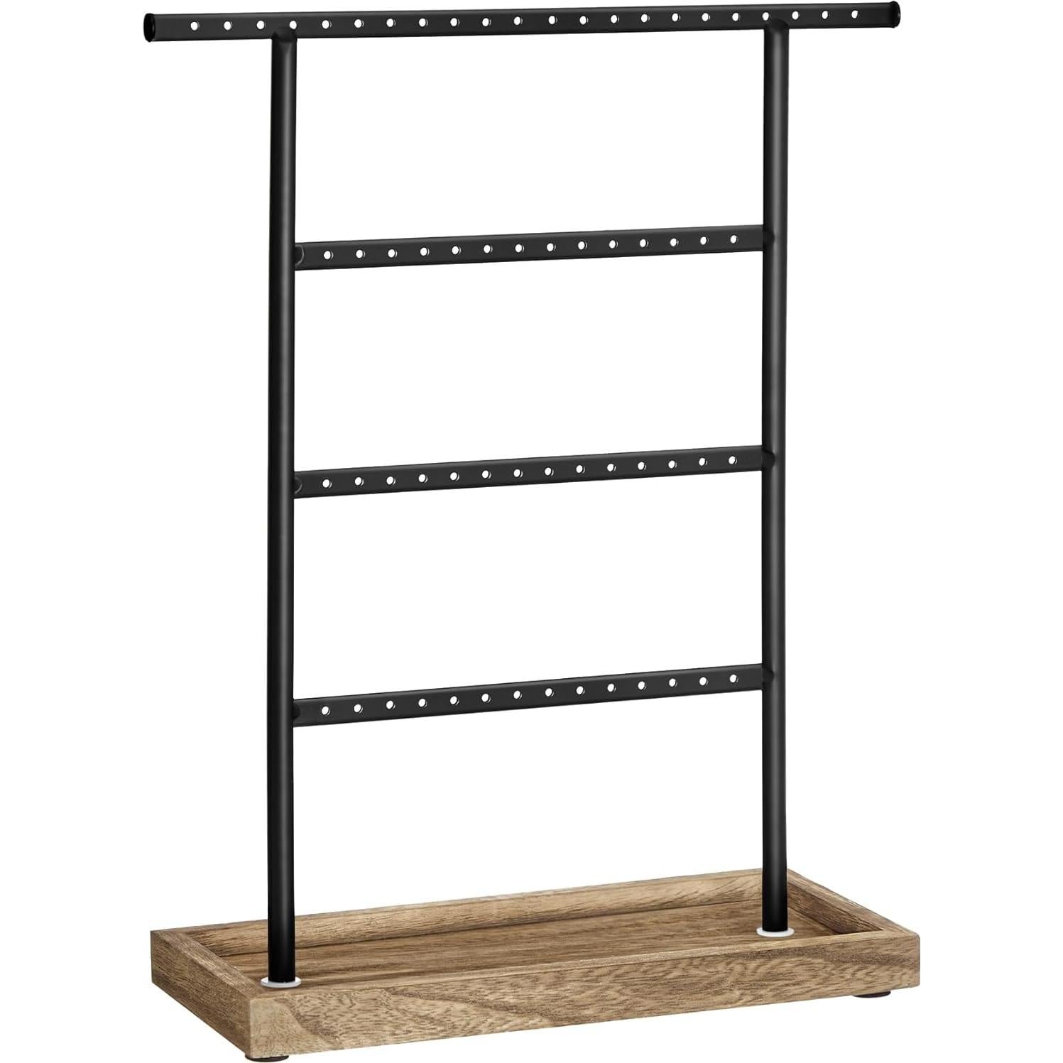 SONGMICS Jewelry Organizer, 4-Tier Earring Holder Organizer Stand with Base Tray, for Studs and Necklaces, Vintage, Christmas Gift, Wood Color and Black UJJS019B01