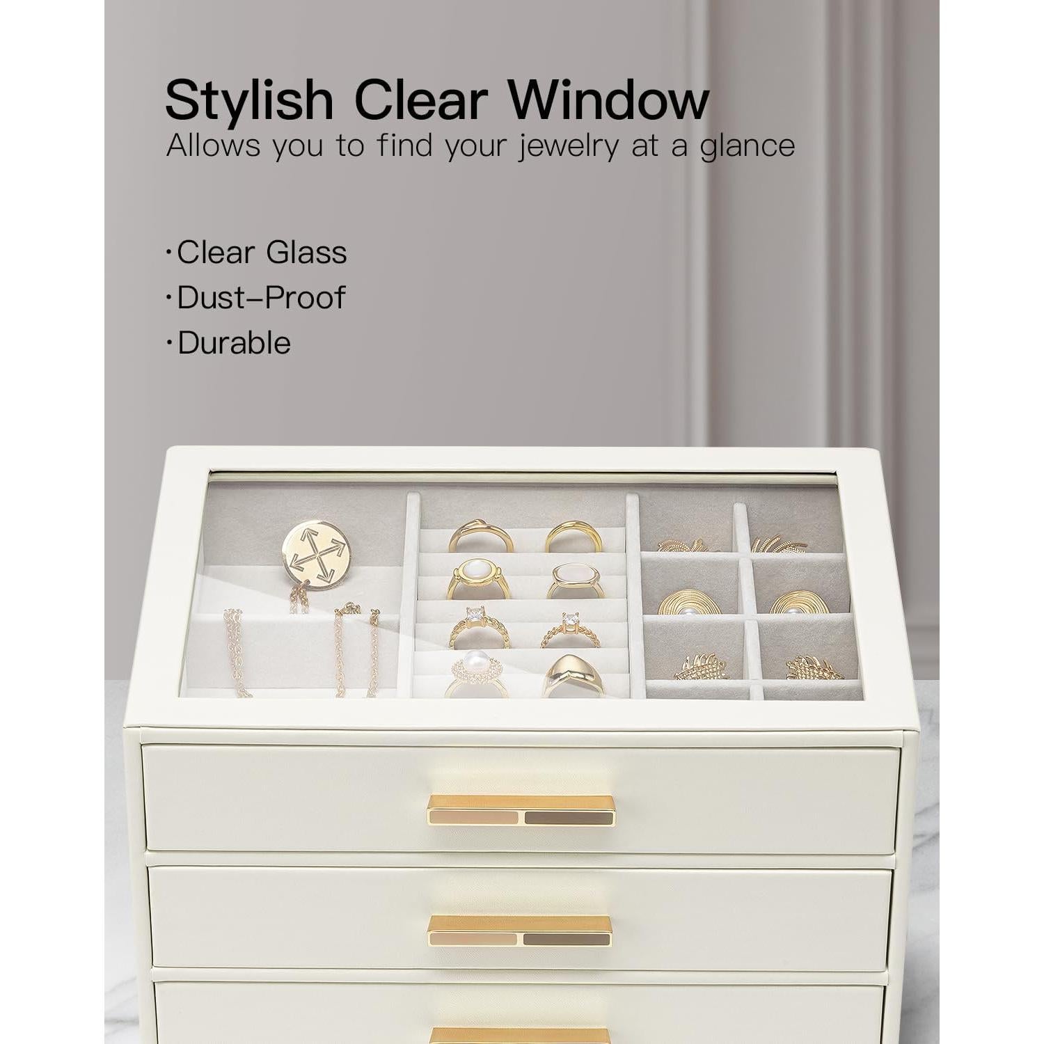 Caja de Joyería Vlando 3 Capas con Tapa de Vidrio - Blanco Nube