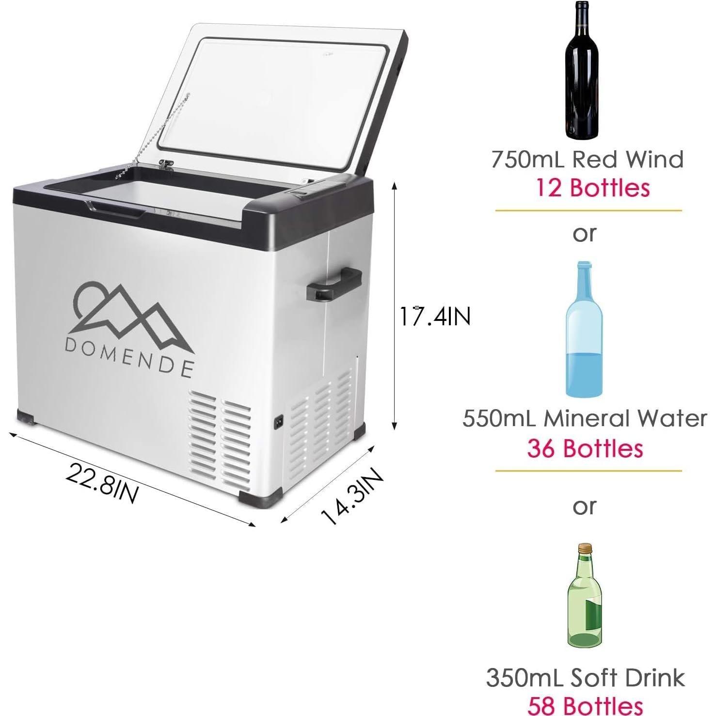 Domende 12 volt Refrigerator 54qt Portable Freezer Electric Cooler Compressor Car Fridge for Car Truck Vehicle RV Boat Outdoor and Home use 12/24V DC and 90-250 AC,Cooling to -4F