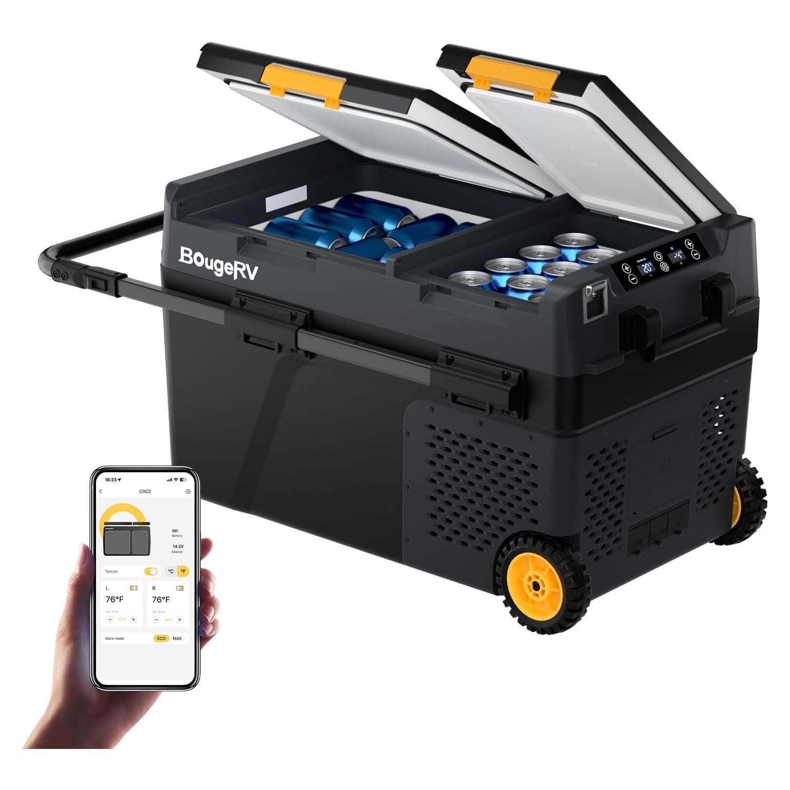 BougeRV 12 Volt Car Refrigerator, CRD2 43 Quart Portable Fridge Freezer with APP Control, -4℉ to 68℉ Dual Zone Compressor Electric Cooler 12/24V DC, 110~240V AC for Overlanding, Camping, RV, Truck