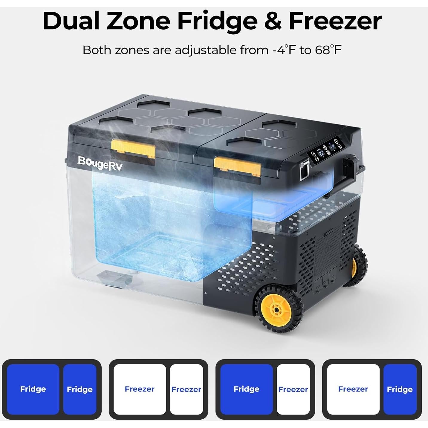 BougeRV 12 Volt Car Refrigerator, CRD2 43 Quart Portable Fridge Freezer with APP Control, -4℉ to 68℉ Dual Zone Compressor Electric Cooler 12/24V DC, 110~240V AC for Overlanding, Camping, RV, Truck