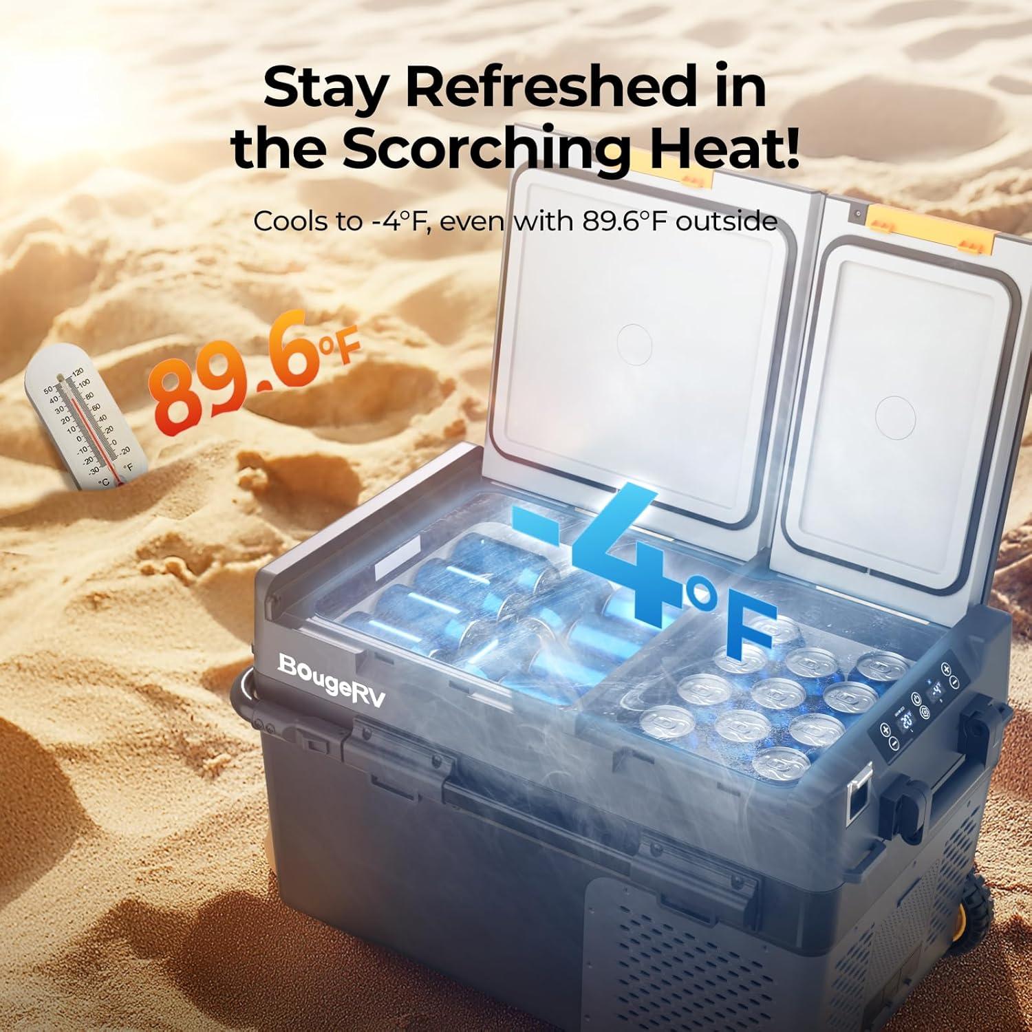 BougeRV 12 Volt Car Refrigerator, CRD2 43 Quart Portable Fridge Freezer with APP Control, -4℉ to 68℉ Dual Zone Compressor Electric Cooler 12/24V DC, 110~240V AC for Overlanding, Camping, RV, Truck