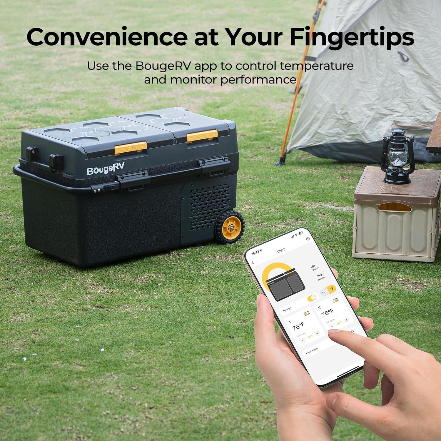 BougeRV 12 Volt Car Refrigerator, CRD2 43 Quart Portable Fridge Freezer with APP Control, -4℉ to 68℉ Dual Zone Compressor Electric Cooler 12/24V DC, 110~240V AC for Overlanding, Camping, RV, Truck