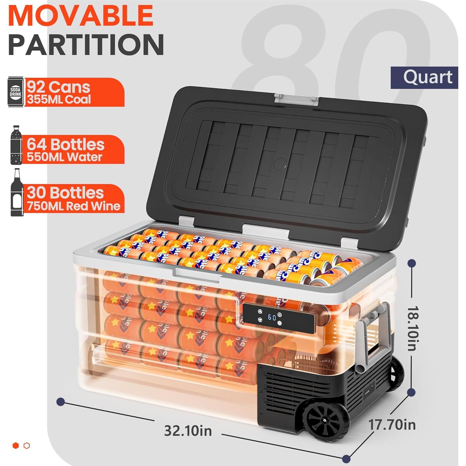 12V Refrigerator, 85 Quart Electric Cooler, 12V/24V DC 100~240V AC, 12v cooler -4℉~68℉, Portable Freezer with Wheels for Truck, RV, Camping,Travel