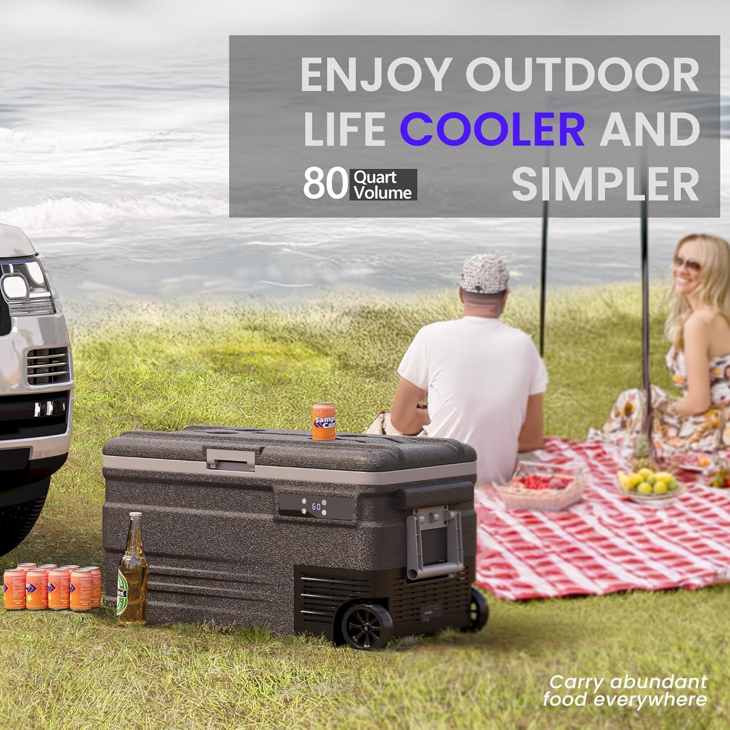 12V Refrigerator, 85 Quart Electric Cooler, 12V/24V DC 100~240V AC, 12v cooler -4℉~68℉, Portable Freezer with Wheels for Truck, RV, Camping,Travel