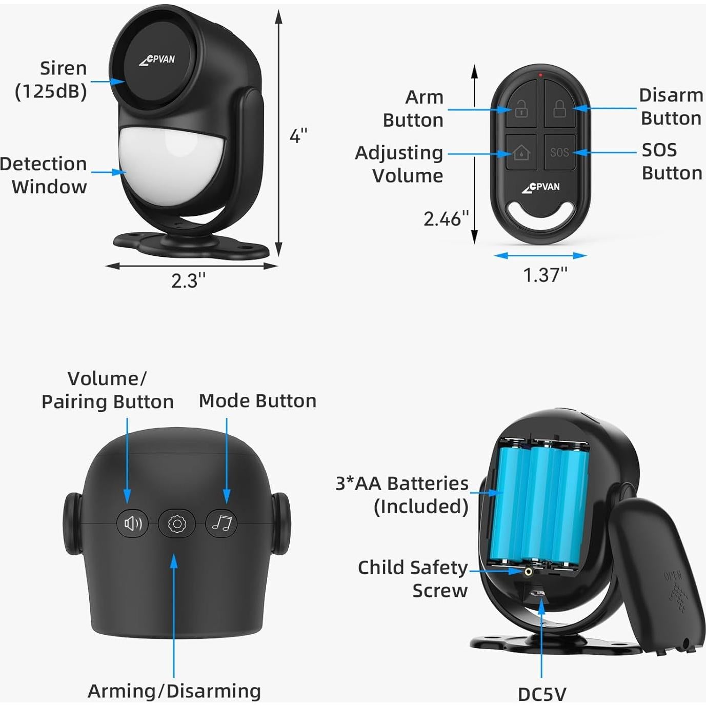 Alarma de Movimiento CPVAN 125dB con Control Remoto 100m