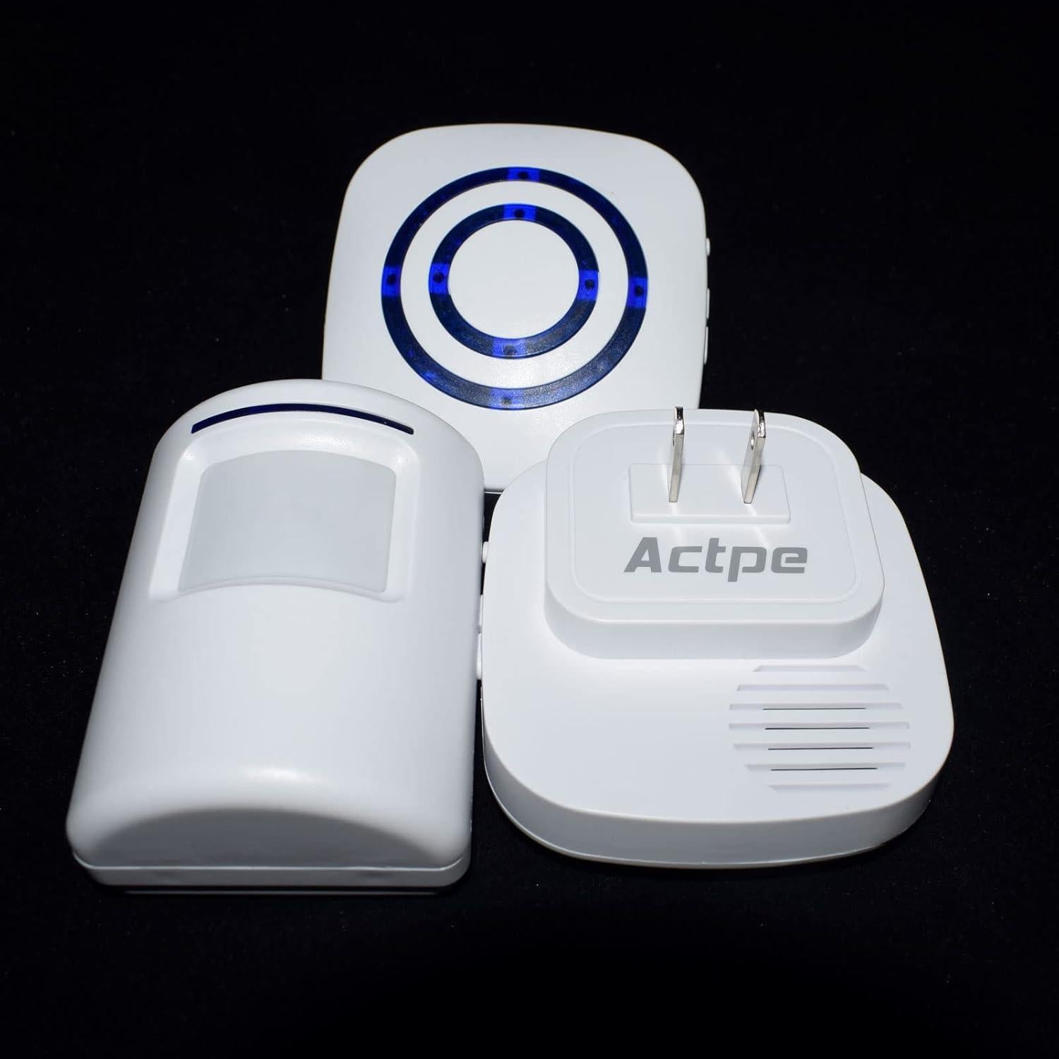 Actpe Motion Sensor Door Chime for Business, Outdoor Doorbell Kit Wireless Driveway Alert: Infrared Motion Sensor Chime with 2 Plug-in Receiver & 1 PIR Sensor Detector Alert