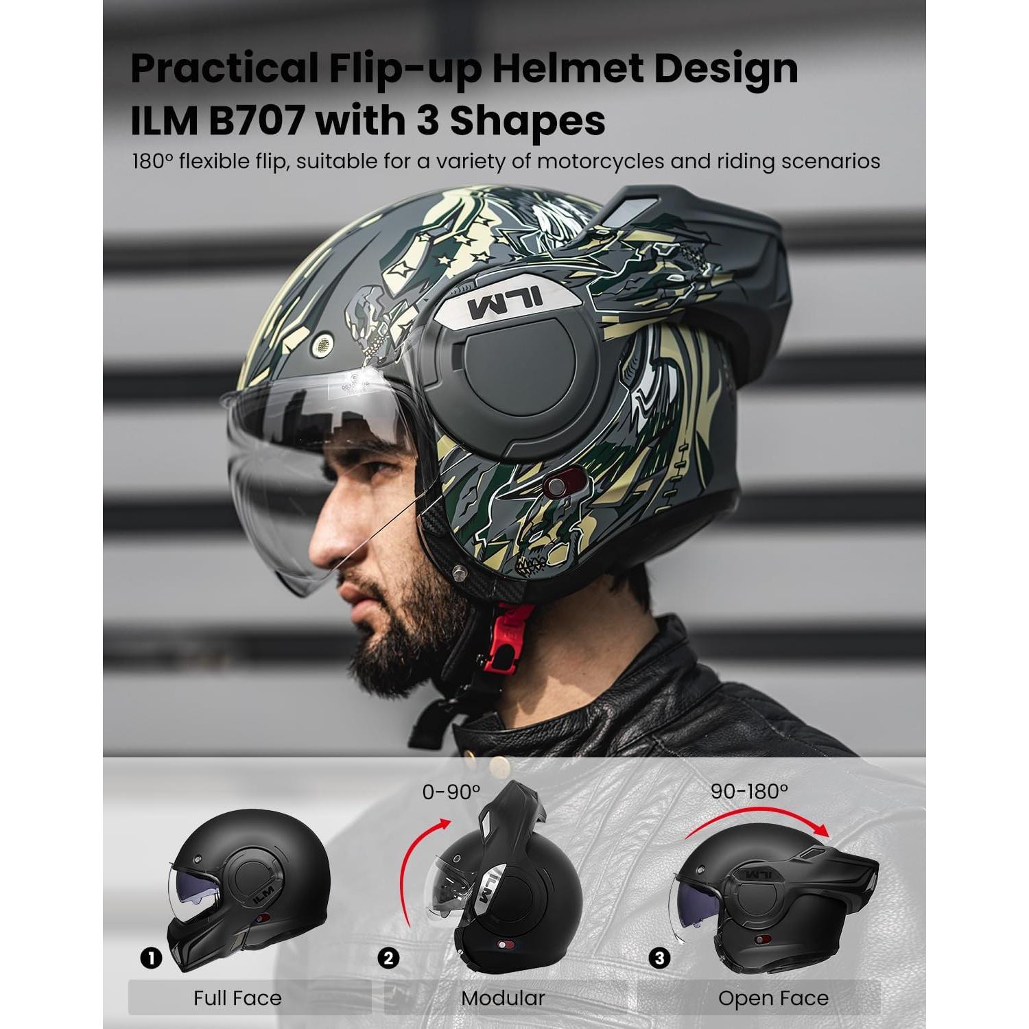 Casco Modular ILM B707 Verde Militar para Motocicleta L