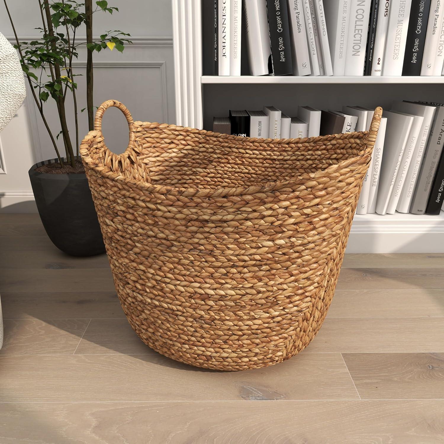 Deco 79 Seagrass Handmade Decorative and Functional Storage Basket Large Woven Basket Organizer with Ring Handles, Basket for Storage 20" x 18" x 19", Brown