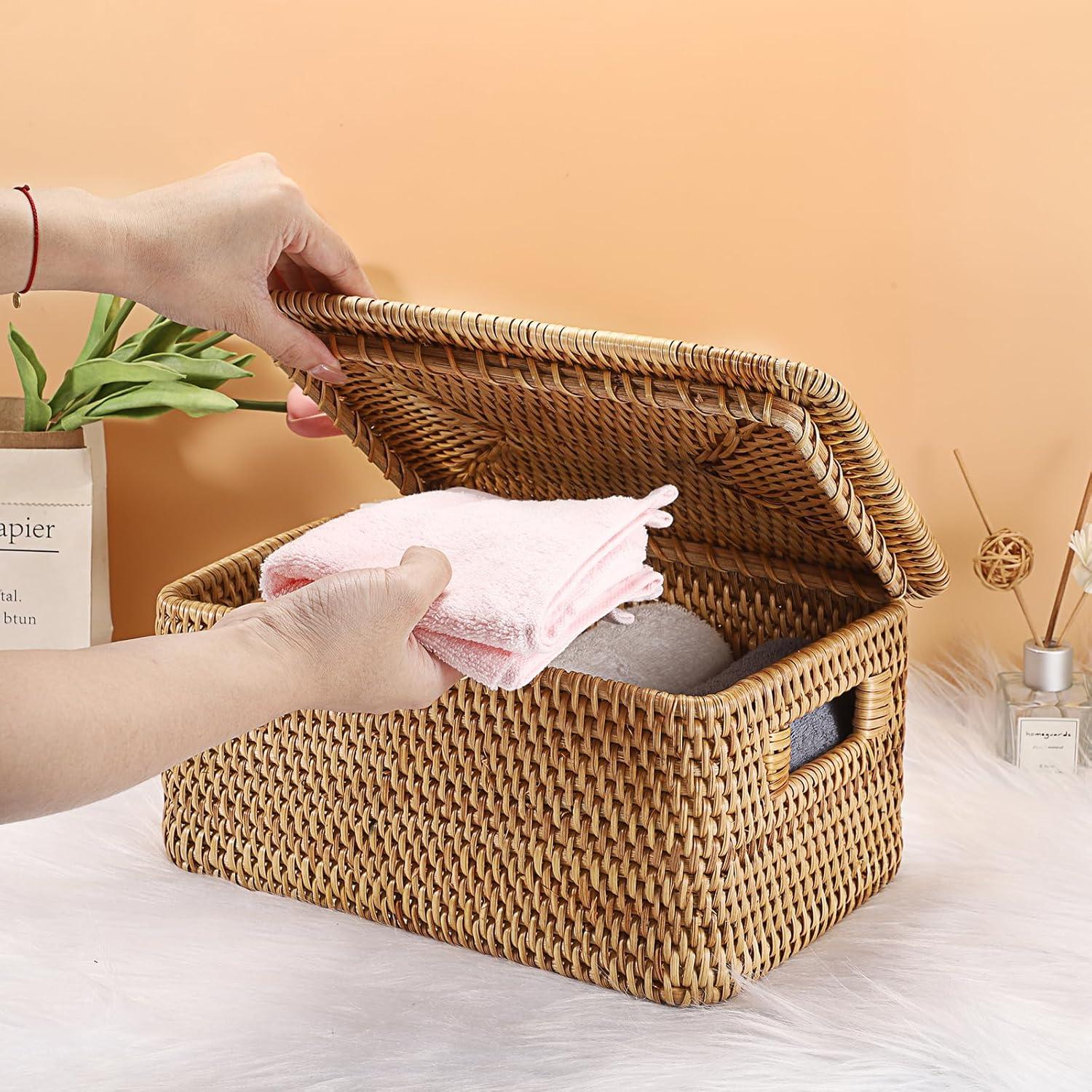 Cesta de Almacenamiento Hipiwe de Ratán con Tapa 30.5x20.1x15cm