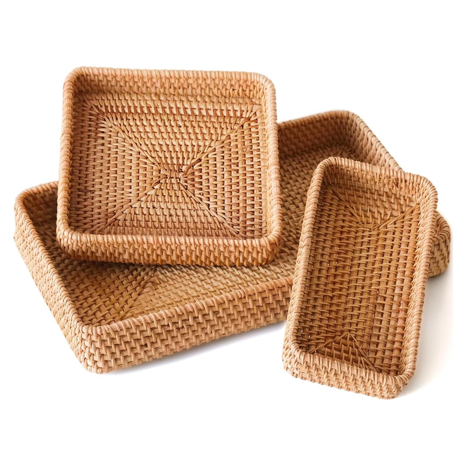 Juego de 3 Bandejas de Ratan S310 - Cestas Rectangulares Naturales