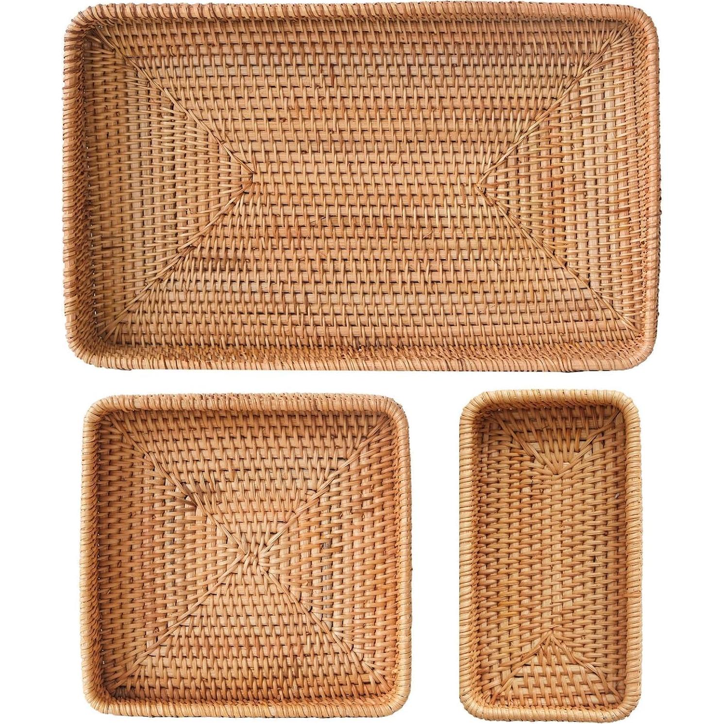 Juego de 3 Bandejas de Ratan S310 - Cestas Rectangulares Naturales