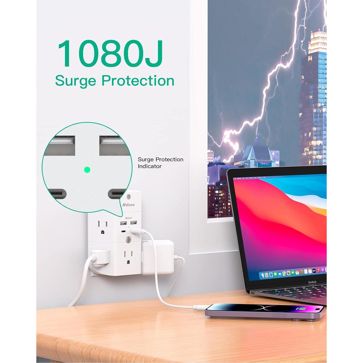 Extensor de Enchufe MIFASOPOWER 5 Salidas 4 USB-C y A con Luz