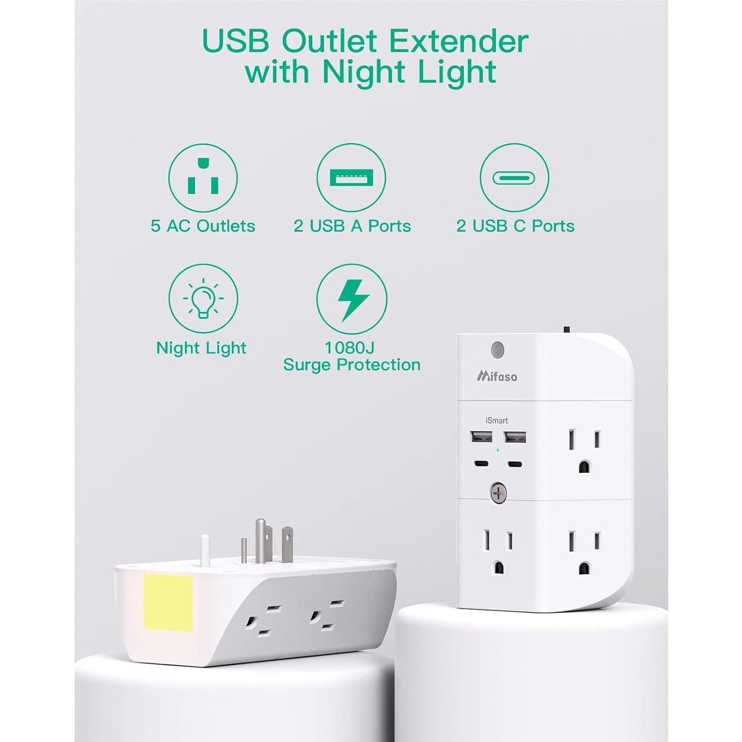 Extensor de Enchufe MIFASOPOWER 5 Salidas 4 USB-C y A con Luz