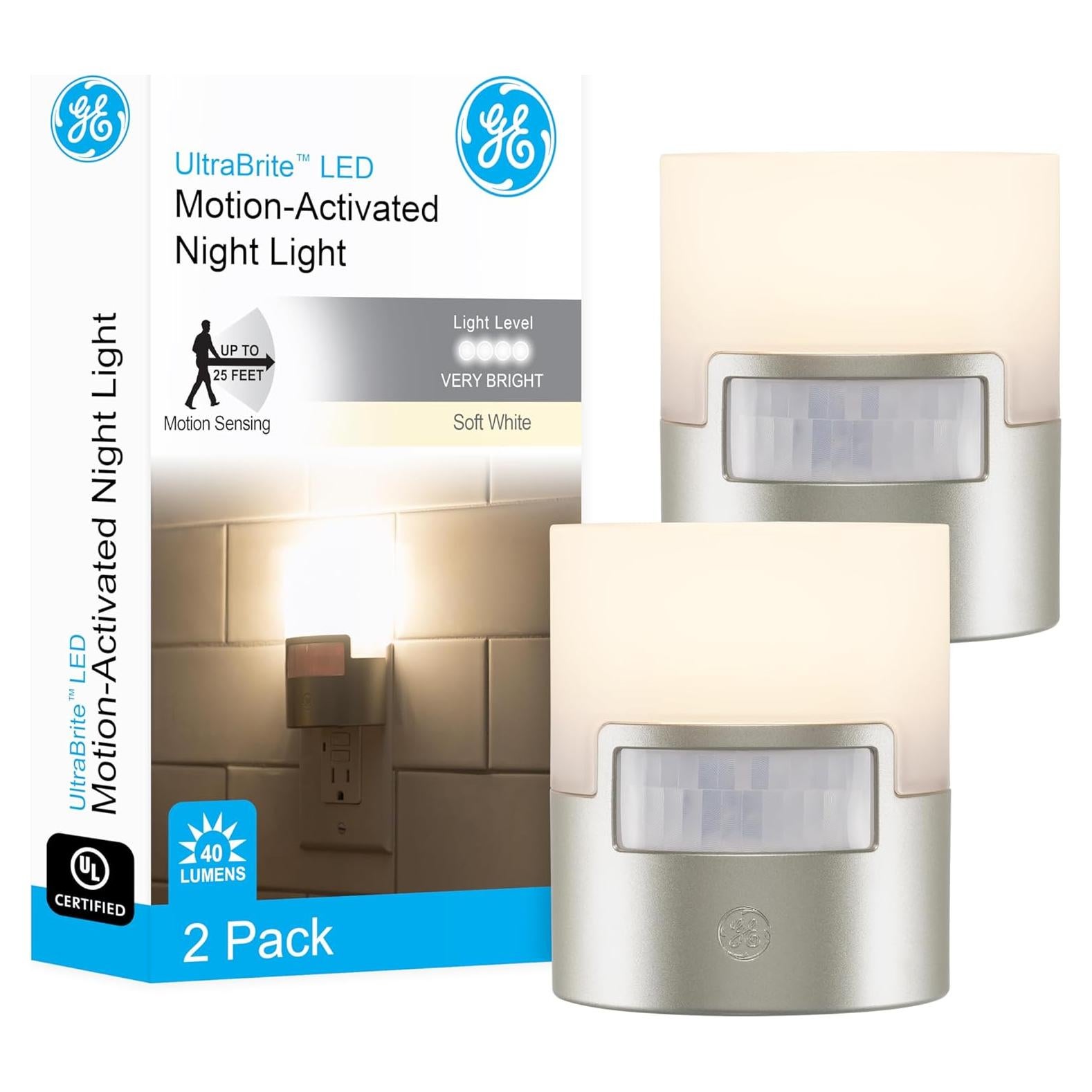 Luz Nocturna LED GE con Sensor de Movimiento 40 Lúmenes Plata 2 Paquete