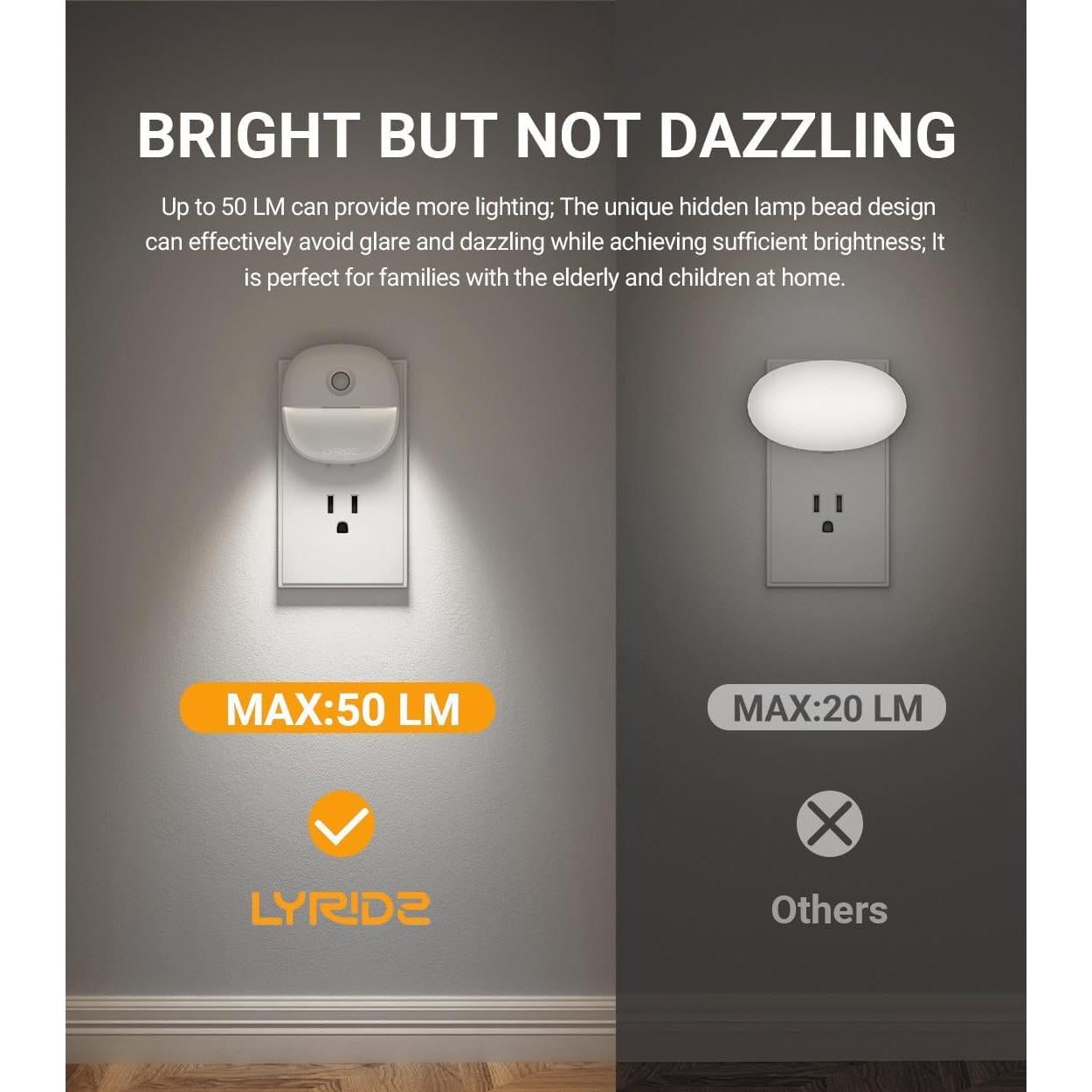 Lyridz Plug in Night Light with Motion Sensor and Dusk to Dawn Sensor, Dimmable Cool White Nightlight with 1-50lm Adjustable Brightness for Bedroom, Bathroom, Stairs, Hallway, 2 Pack