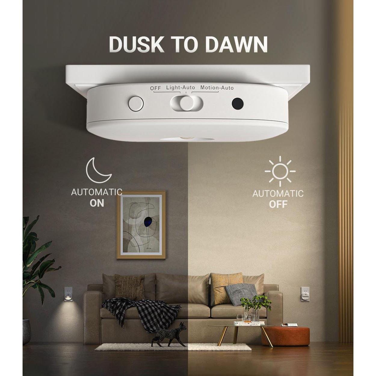 Lyridz Plug in Night Light with Motion Sensor and Dusk to Dawn Sensor, Dimmable Cool White Nightlight with 1-50lm Adjustable Brightness for Bedroom, Bathroom, Stairs, Hallway, 2 Pack