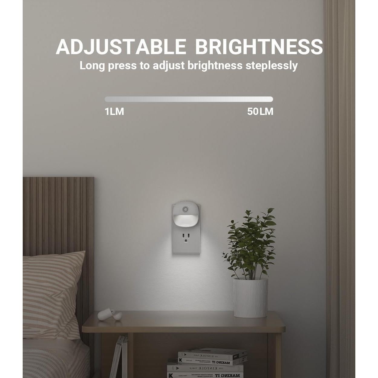 Lyridz Plug in Night Light with Motion Sensor and Dusk to Dawn Sensor, Dimmable Cool White Nightlight with 1-50lm Adjustable Brightness for Bedroom, Bathroom, Stairs, Hallway, 2 Pack