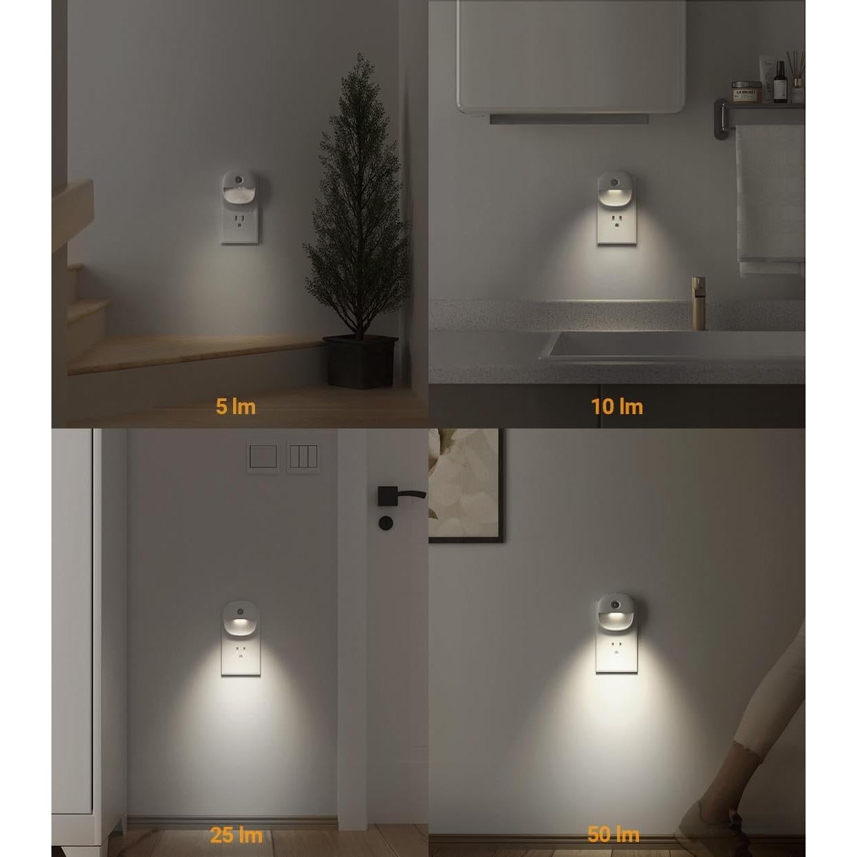 Lyridz Plug in Night Light with Motion Sensor and Dusk to Dawn Sensor, Dimmable Cool White Nightlight with 1-50lm Adjustable Brightness for Bedroom, Bathroom, Stairs, Hallway, 2 Pack