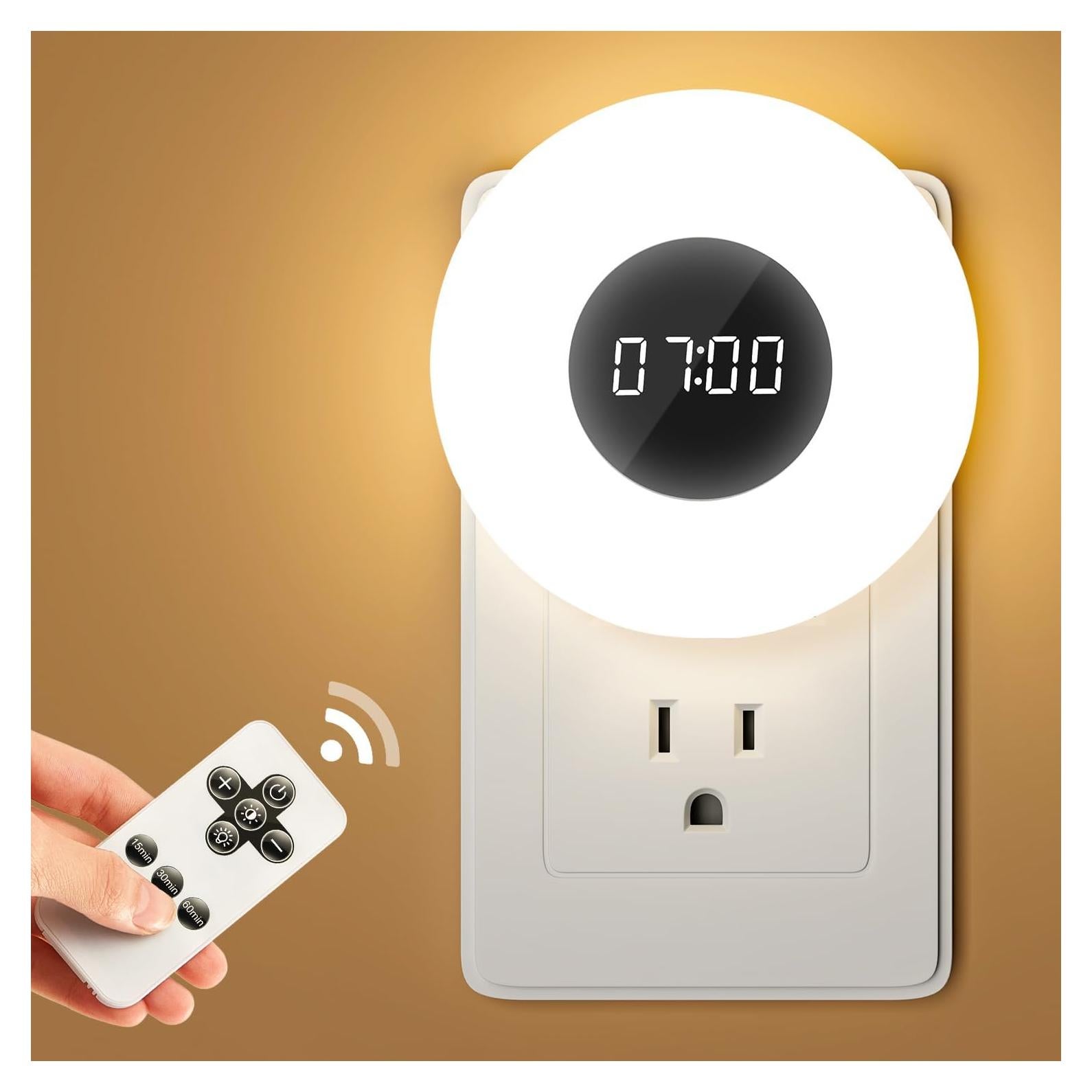 Night Light Clock, Dimmable+3 Light Colors+Timer Nightlight Timing Light, Small Clock, Toilet Light with Plug in Timer, Night Light Plug in, Nightlight for Kids Room, Bedroom Clocks for Kids Room