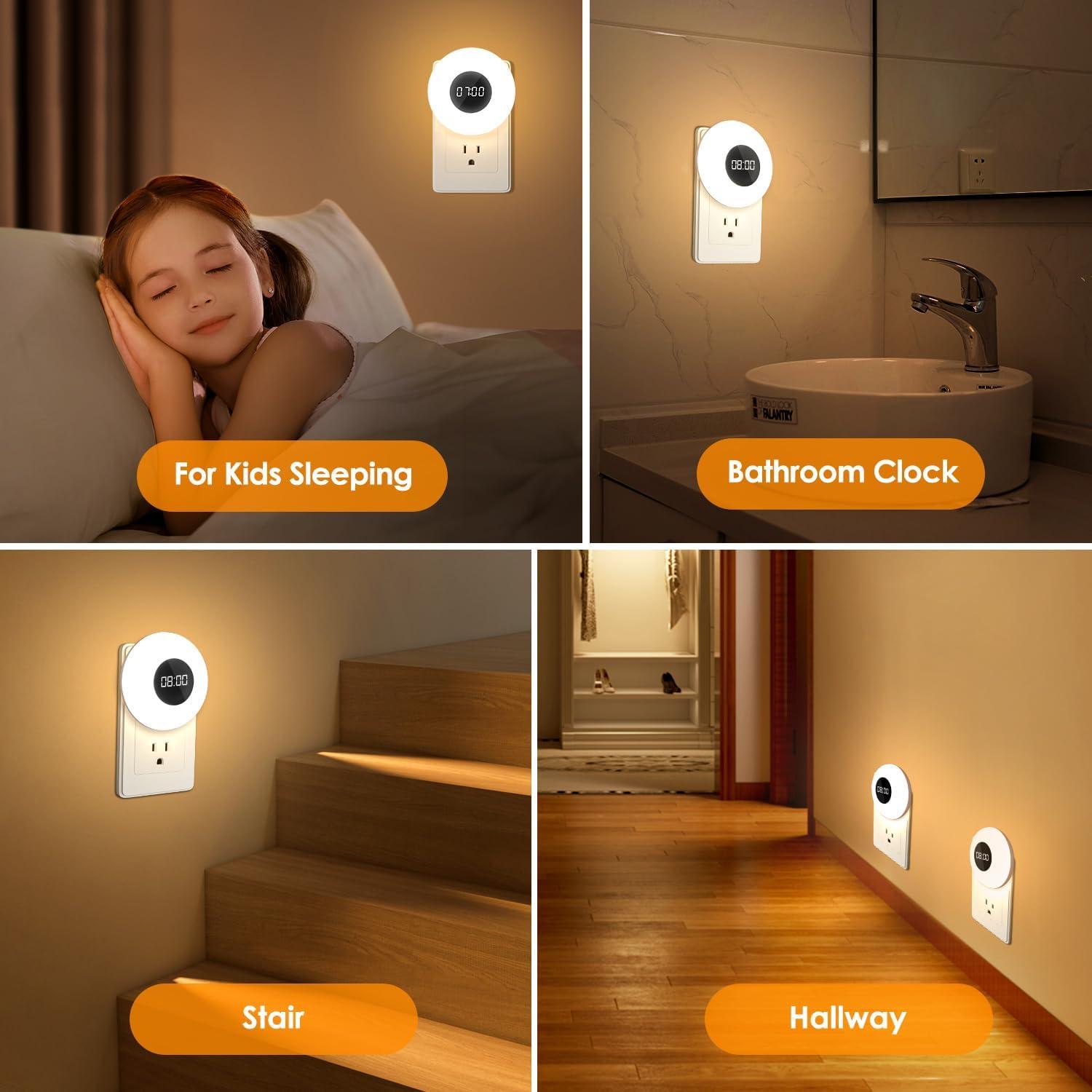 Night Light Clock, Dimmable+3 Light Colors+Timer Nightlight Timing Light, Small Clock, Toilet Light with Plug in Timer, Night Light Plug in, Nightlight for Kids Room, Bedroom Clocks for Kids Room