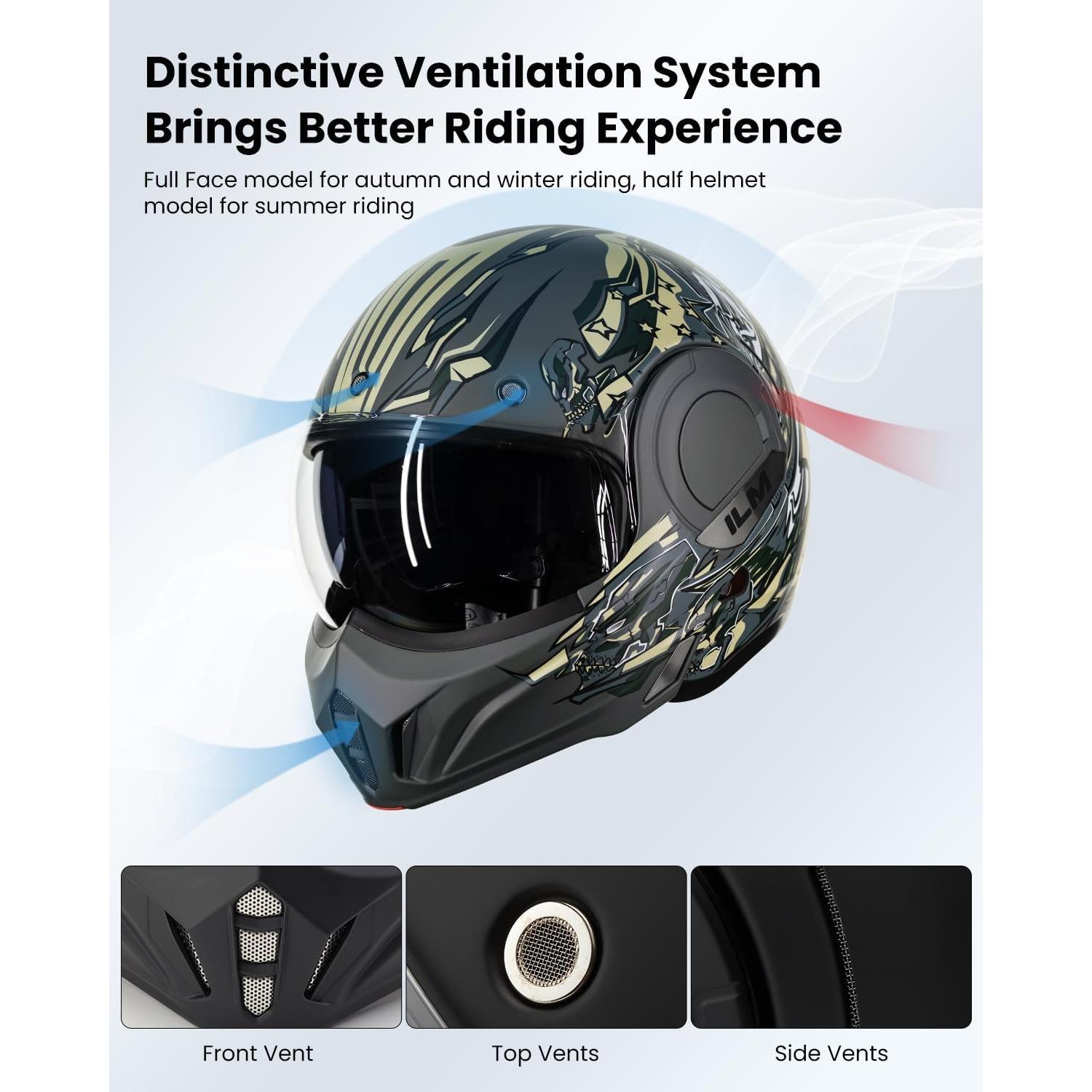 Casco Modular ILM B707 Verde Militar 2XL para Motocicleta