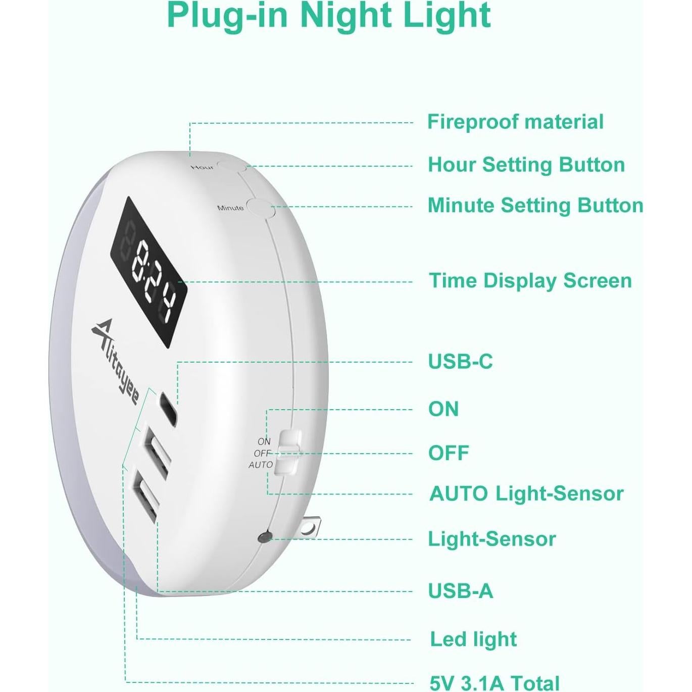 Luz Nocturna LED Alitayee con Sensor y Cargador USB-C 15W