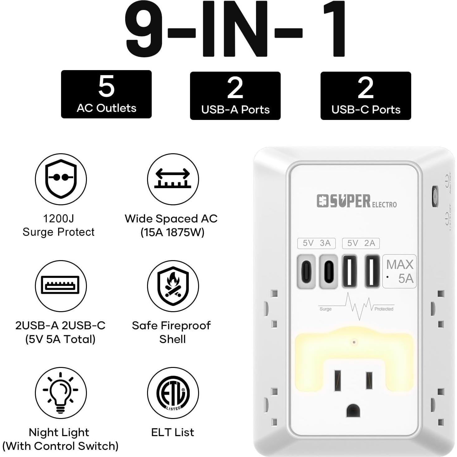 Adaptador de Enchufe USB Super Electro SL 827SB 5V 5A 5 Salidas