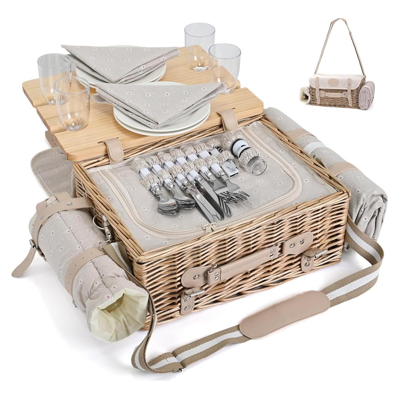 Multifunctional Wicker Picnic Basket Set for 4 with Blanket and Picnic Table, Insulated Picnic Set with Full Tablewares for Camping Outdoor Couples, Flowers