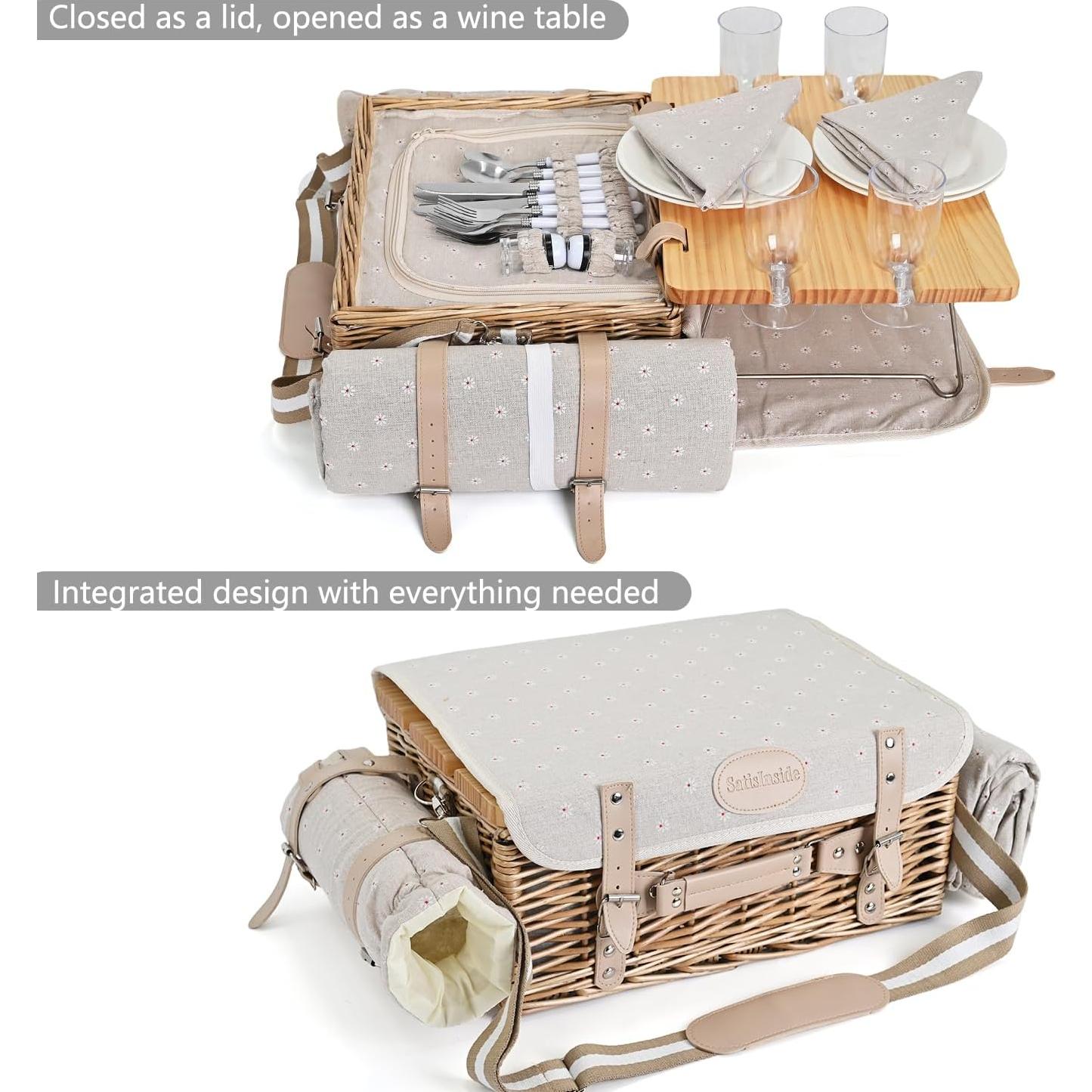 Multifunctional Wicker Picnic Basket Set for 4 with Blanket and Picnic Table, Insulated Picnic Set with Full Tablewares for Camping Outdoor Couples, Flowers