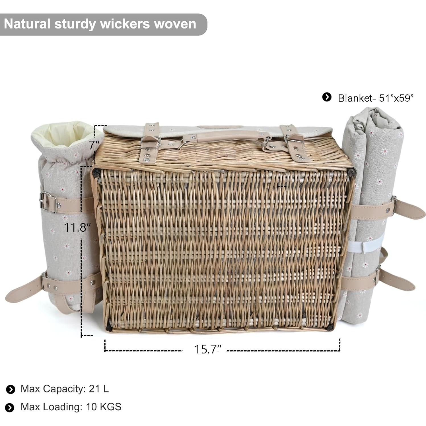 Multifunctional Wicker Picnic Basket Set for 4 with Blanket and Picnic Table, Insulated Picnic Set with Full Tablewares for Camping Outdoor Couples, Flowers
