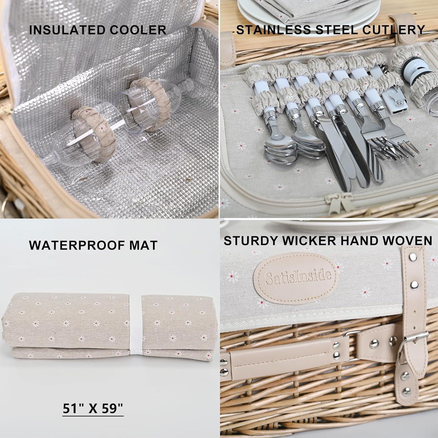 Multifunctional Wicker Picnic Basket Set for 4 with Blanket and Picnic Table, Insulated Picnic Set with Full Tablewares for Camping Outdoor Couples, Flowers