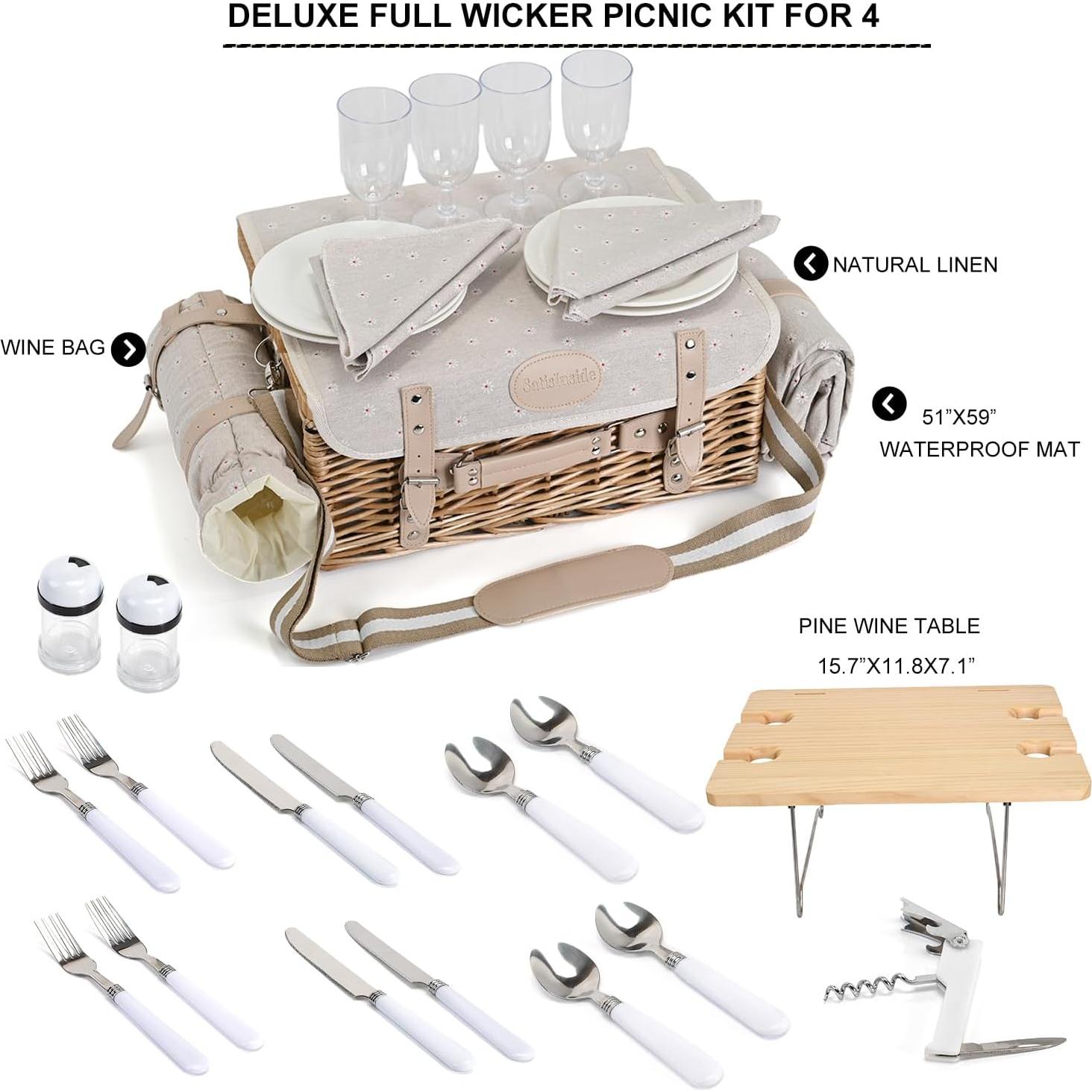 Multifunctional Wicker Picnic Basket Set for 4 with Blanket and Picnic Table, Insulated Picnic Set with Full Tablewares for Camping Outdoor Couples, Flowers