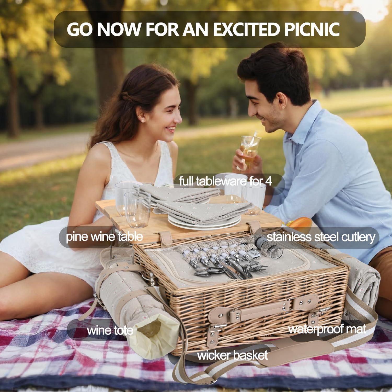 Multifunctional Wicker Picnic Basket Set for 4 with Blanket and Picnic Table, Insulated Picnic Set with Full Tablewares for Camping Outdoor Couples, Flowers
