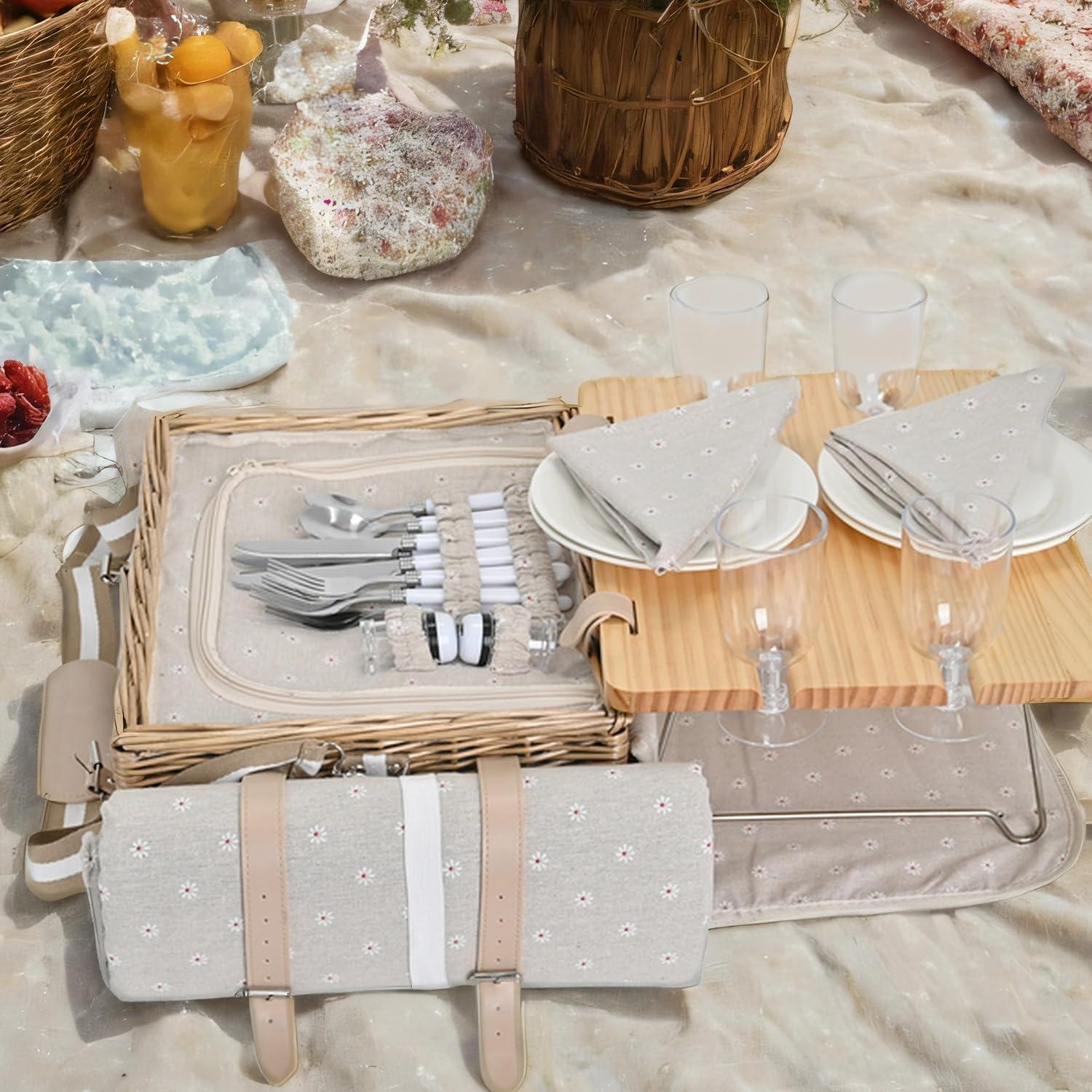 Multifunctional Wicker Picnic Basket Set for 4 with Blanket and Picnic Table, Insulated Picnic Set with Full Tablewares for Camping Outdoor Couples, Flowers