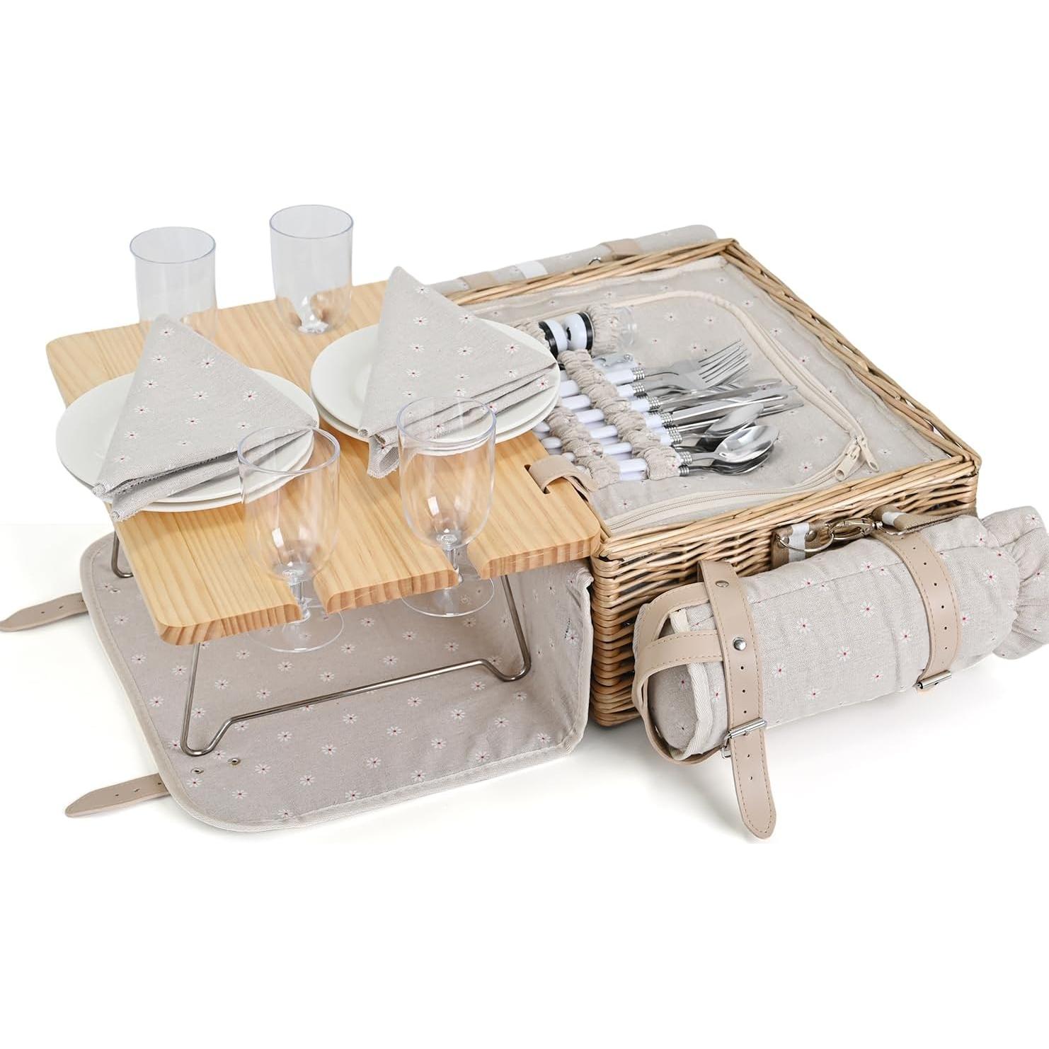 Multifunctional Wicker Picnic Basket Set for 4 with Blanket and Picnic Table, Insulated Picnic Set with Full Tablewares for Camping Outdoor Couples, Flowers