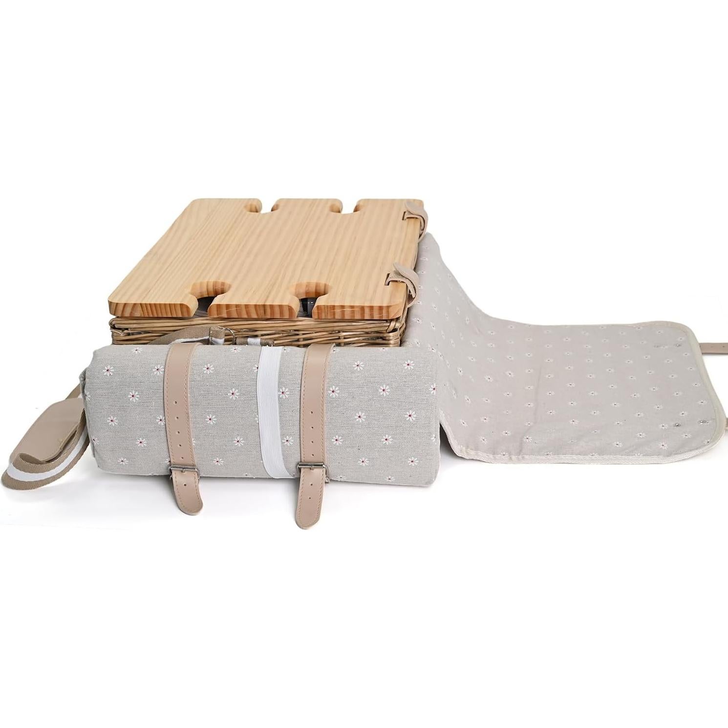 Multifunctional Wicker Picnic Basket Set for 4 with Blanket and Picnic Table, Insulated Picnic Set with Full Tablewares for Camping Outdoor Couples, Flowers