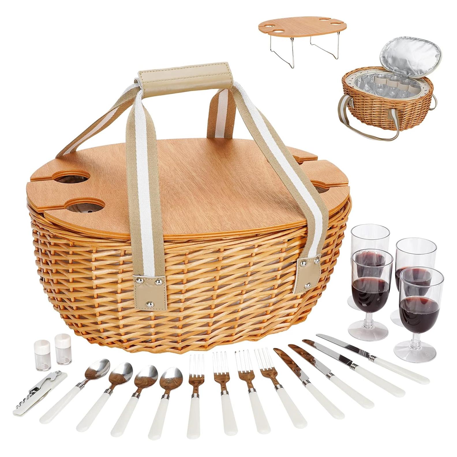 Cesta de Picnic STBoo para 4 Personas con Mesa Plegable Beige