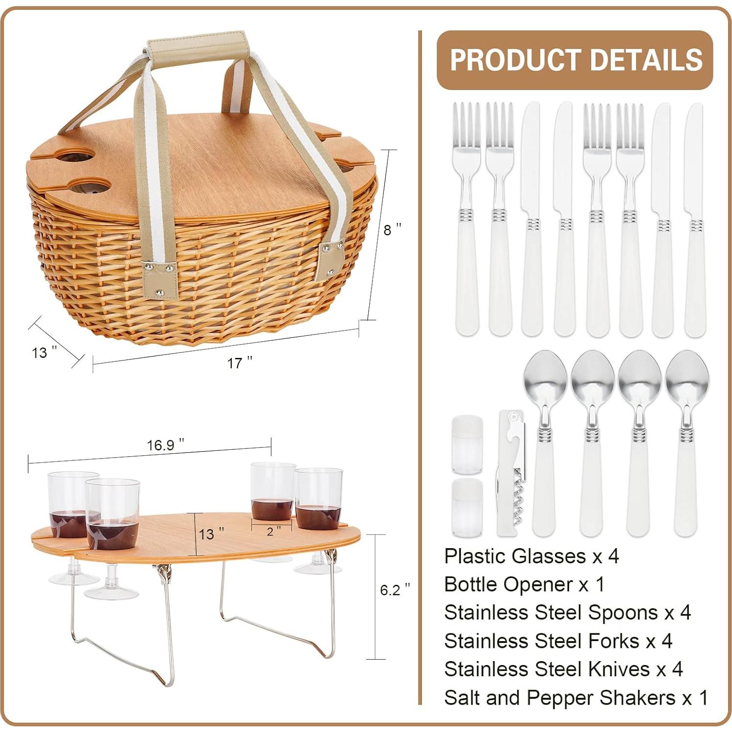 Cesta de Picnic STBoo para 4 Personas con Mesa Plegable Beige