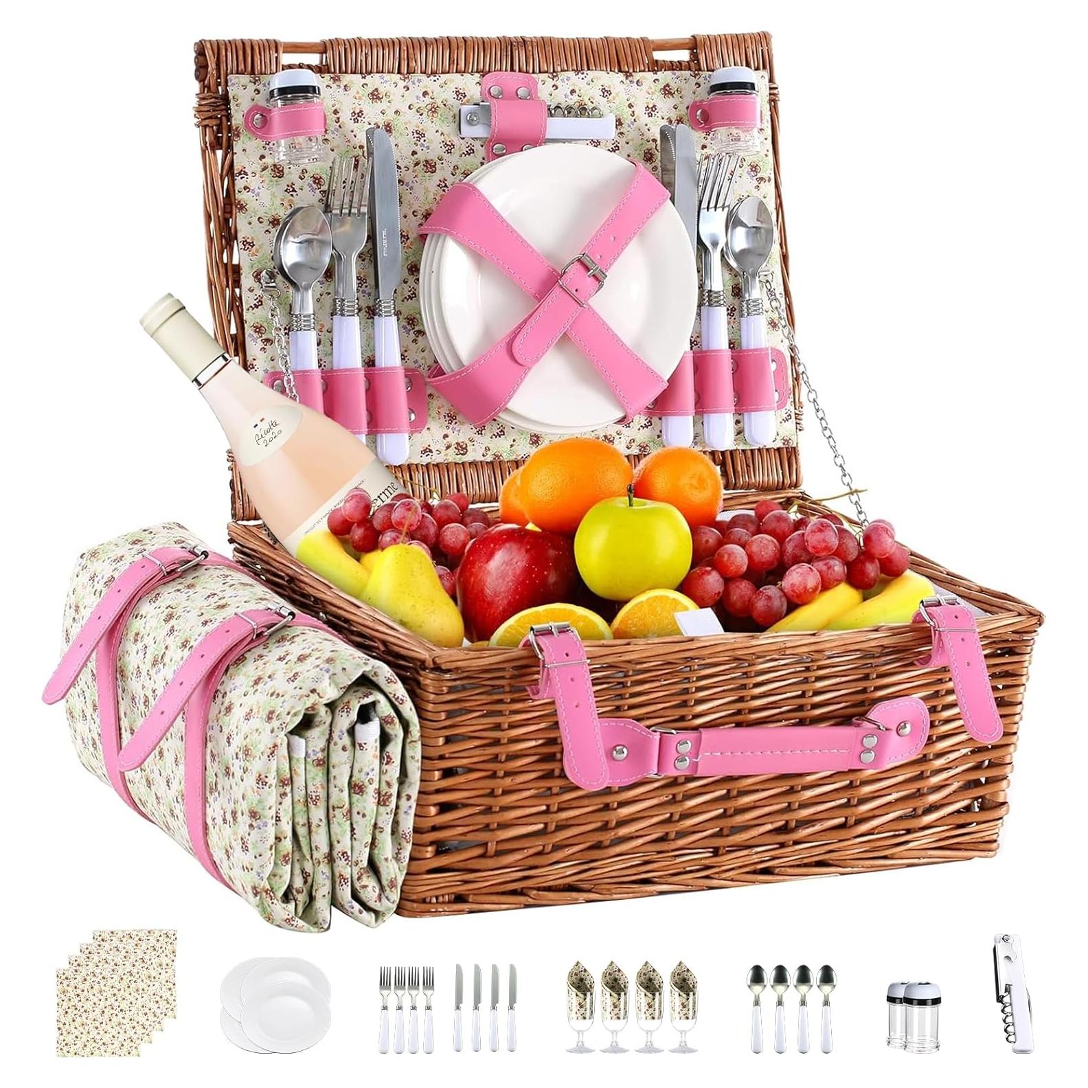 Cesta de Picnic YPshuye para 4 Personas Mimbre Rosa Floral