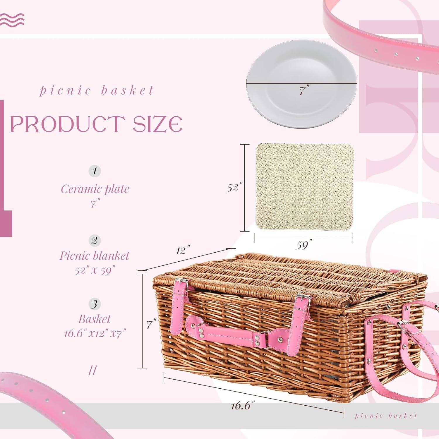 Cesta de Picnic YPshuye para 4 Personas Mimbre Rosa Floral