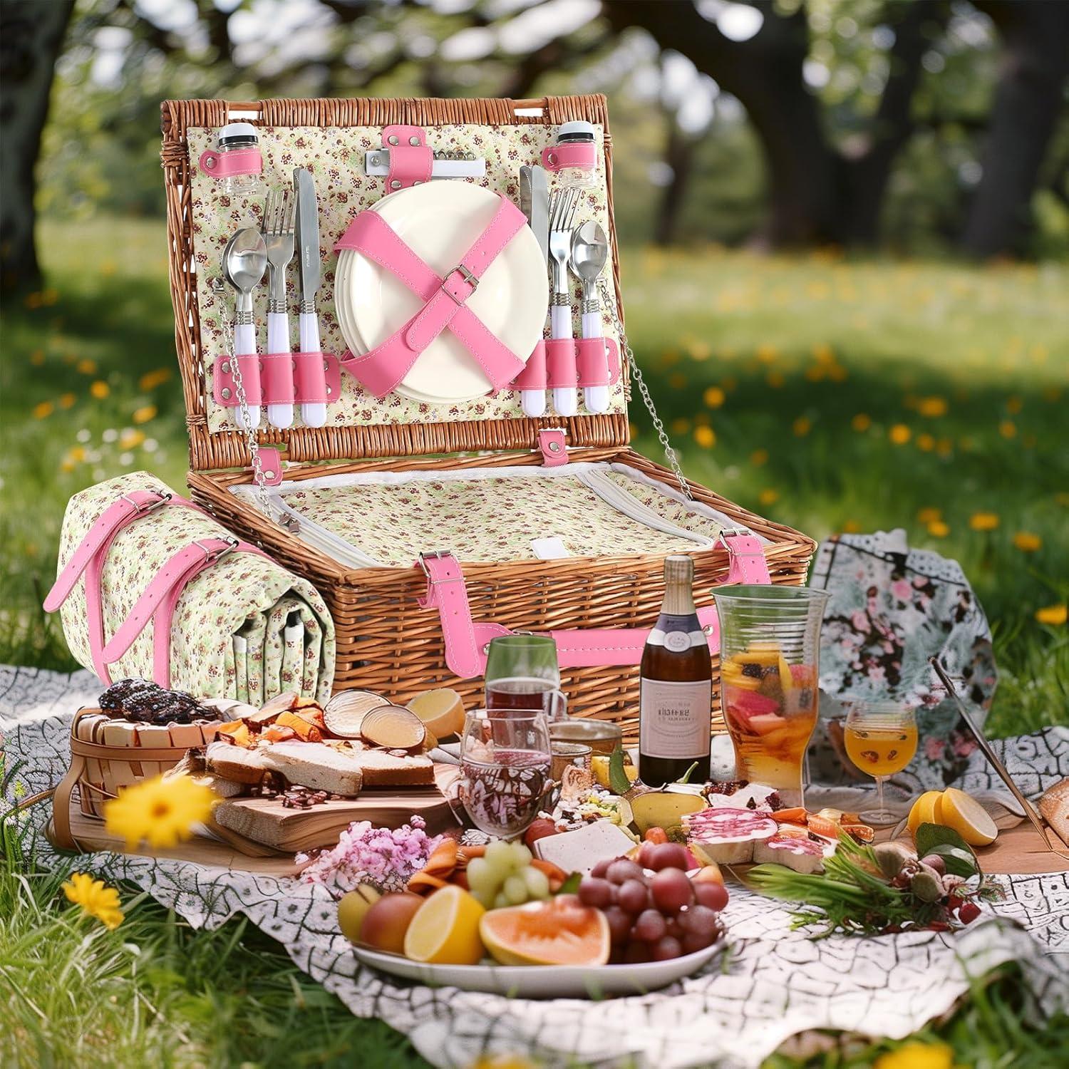 Cesta de Picnic YPshuye para 4 Personas Mimbre Rosa Floral