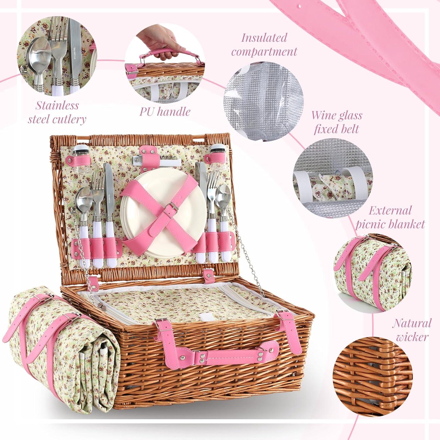 Cesta de Picnic YPshuye para 4 Personas Mimbre Rosa Floral