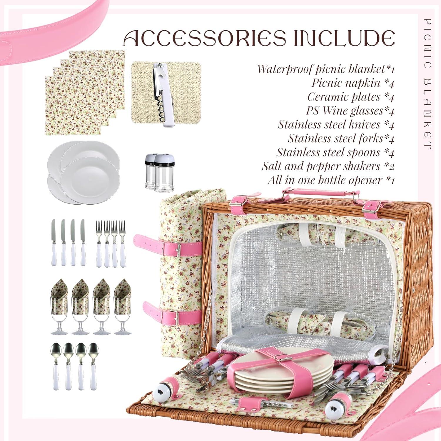 Cesta de Picnic YPshuye para 4 Personas Mimbre Rosa Floral