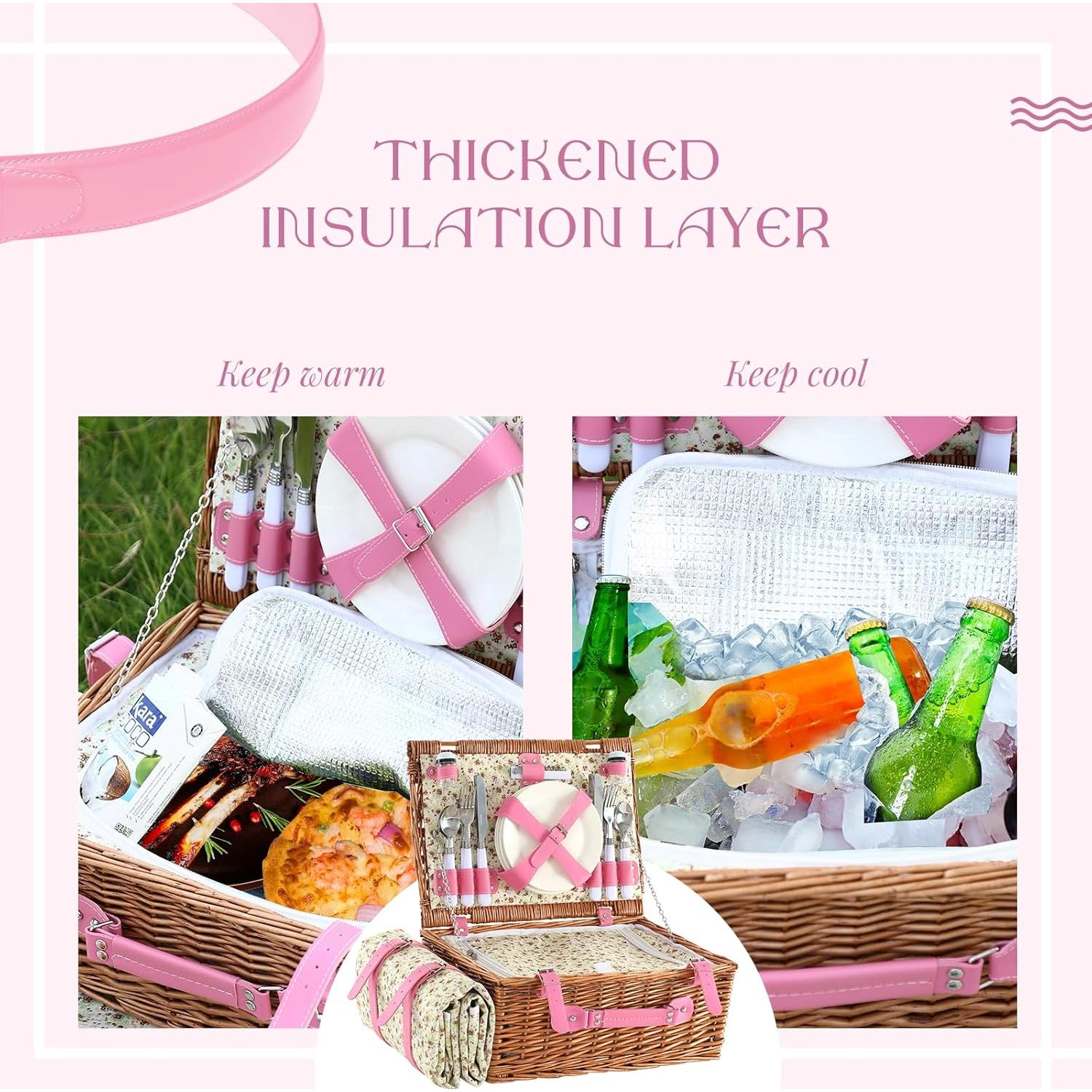 Cesta de Picnic YPshuye para 4 Personas Mimbre Rosa Floral