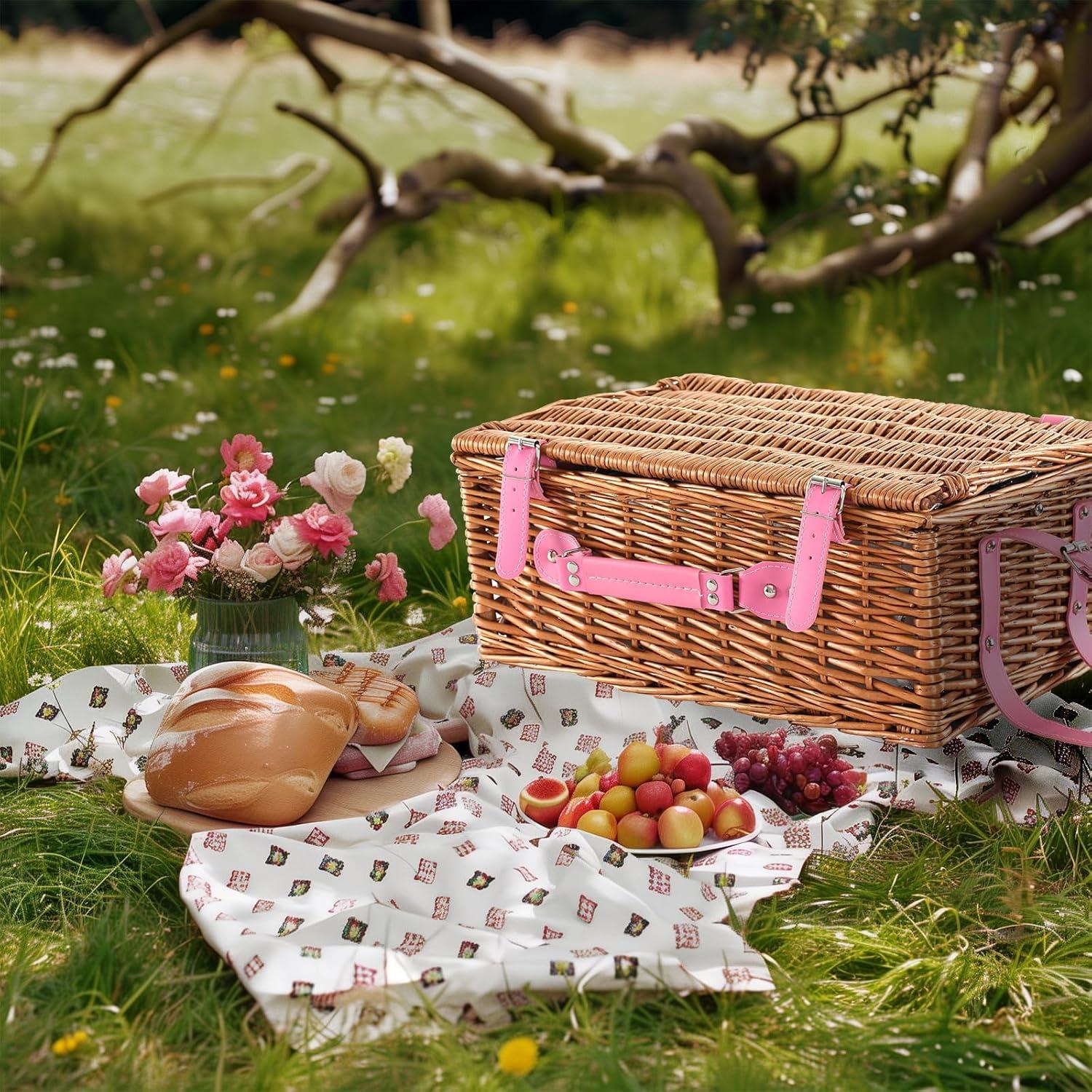 Cesta de Picnic YPshuye para 4 Personas Mimbre Rosa Floral