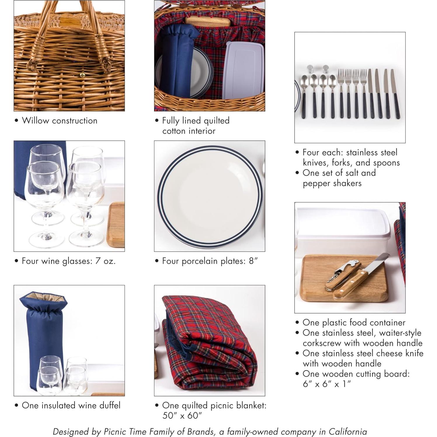 Cesta de Picnic Deluxe Picnic Time para 4 Personas - Tartán Rojo