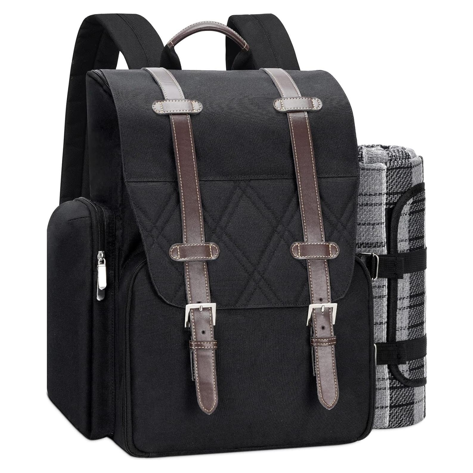 Picnic Backpack for 4 Person with Large Insulated Cooler Bag, Picnic Basket Set with Wine Pouch, Waterproof Picnic Blanket & Cutlery Set. Perfect for Beach, Camping, Party,Wedding Gift for Couple.