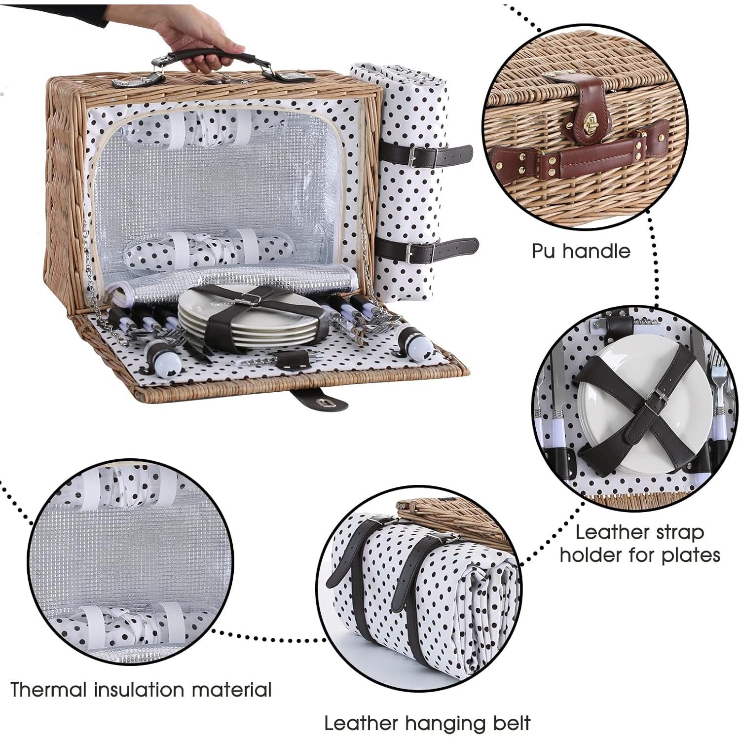 Cesta de Picnic HYBDAMAI para 4 Personas con Manta Impermeable