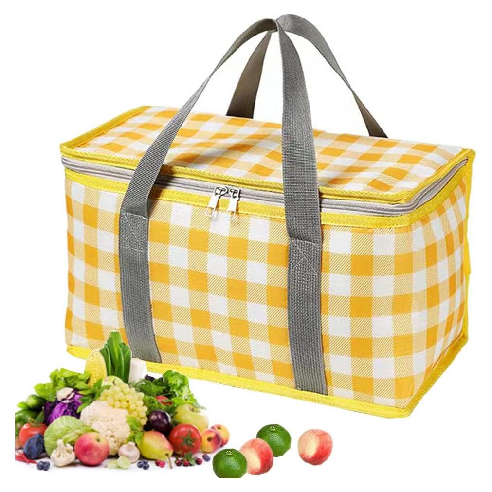 Insulated Reusable Food Picnic Bag Beach Bags, Cooler Bags with Zippered Top -for Hot or Cold,Picnic Basket Collapsible,Beach, Outdoor Party, Camping,Festivals (Yellow)